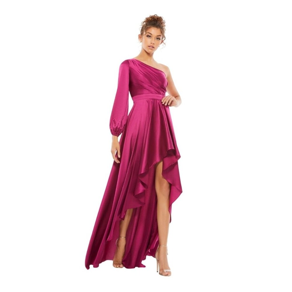 Mac‎ Duggal One Shoulder Satin Maxi Dress 0 Statement Ruffle Gown Asymmetrical